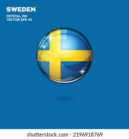 Round button national flag of Sweden with the reflection of light and shadow. Icon country. Realistic vector illustration.