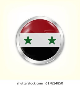 Round button national flag of Syria with the reflection of light and shadow. Icon country. Realistic vector illustration.