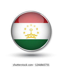 Round button national flag of Tajikistan with the reflection of light and shadow. Icon country. Realistic vector illustration.