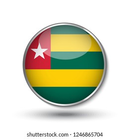 Round button national flag of Togo with the reflection of light and shadow. Icon country. Realistic vector illustration.