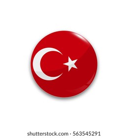 Round button national flag of Turkey with the reflection of light and shadow realistic. Icon country.