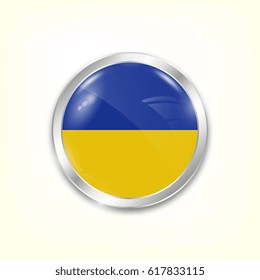 Round button national flag of Ukraine with the reflection of light and shadow. Icon country. Realistic vector illustration.