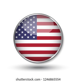 Round button national flag of United states with the reflection of light and shadow. Icon country. Realistic vector illustration.