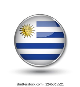 Round button national flag of Uruguay with the reflection of light and shadow. Icon country. Realistic vector illustration.