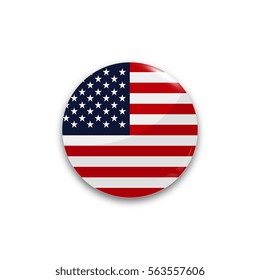 Round button national flag of USA with the reflection of light and shadow realistic. Icon country.