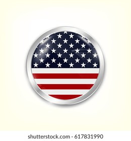 Round button national flag of USA with the reflection of light and shadow. Icon country. Realistic vector illustration.