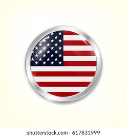 Round button national flag of USA with the reflection of light and shadow. Icon country. Realistic vector illustration.