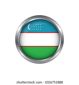 Round button national flag of Uzbekistan with the reflection of light and shadow. Icon country. Realistic vector illustration.