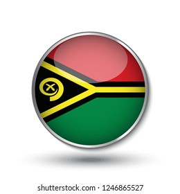 Round button national flag of Vanuatu with the reflection of light and shadow. Icon country. Realistic vector illustration.