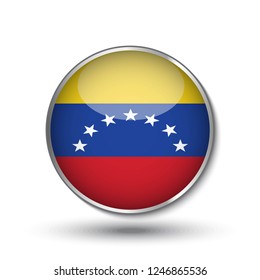 Round button national flag of Venezuela with the reflection of light and shadow. Icon country. Realistic vector illustration.