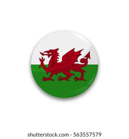 Round button national flag of Wales with the reflection of light and shadow realistic. Icon country.