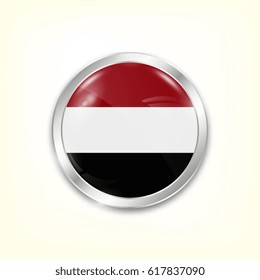 Round button national flag of Yemen with the reflection of light and shadow. Icon country. Realistic vector illustration.