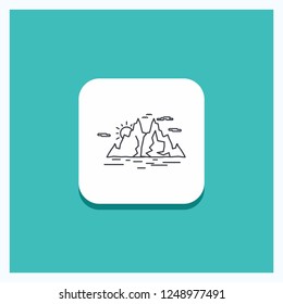 Round Button for Nature, hill, landscape, mountain, water Line icon Turquoise Background
