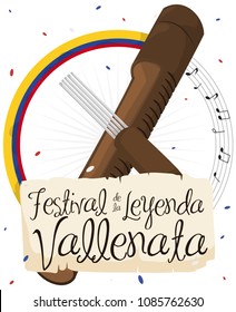 Round button with one half with Colombian flag and the other with a music stave and in middle a wooden guacharaca with fork, a symbol of Vallenato Legend Festival (written in Spanish in the scroll).