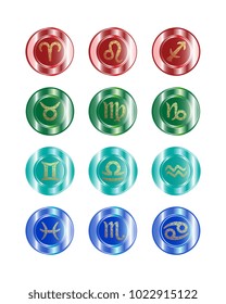 Round button with ornate hand drawn zodiac sign collection. Horoscope emblem set