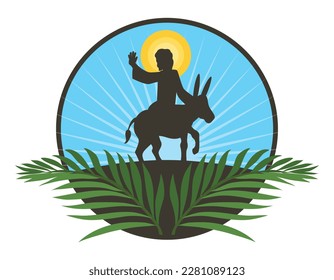 Round button with palm branches and silhouette scene of Jesus riding a donkey to commemorate Palm Sunday. Flat style design over white background.