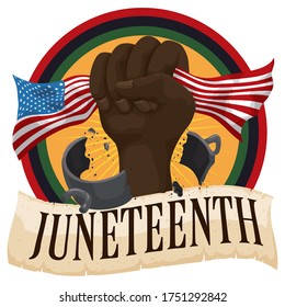Round button with Pan-African colors, greeting scroll, fist breaking shackles and holding the U.S.A. flag, symbolizing the freedom of slaves in the events of Juneteenth celebration.

