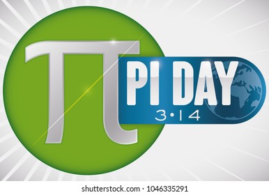 Round button with pi symbol with diameter line and a label with globe to commemorate World Pi Day in March 14.