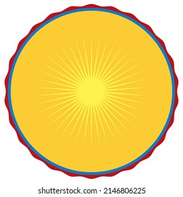 Round button with predominant yellow color in the center, blue and red in the borders, characteristics of Colombian flag colors.