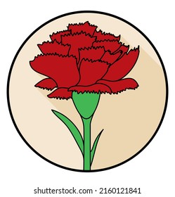 Round button with red carnation in outlines, flat style and long shadow effect.