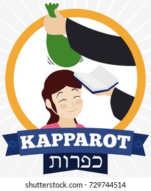 Round button with a representation of Kapparot (written in Hebrew) ritual made with a money bag swinging over the head of a girl and greeting ribbons in flat style, previously to Jewish Yom Kippur.