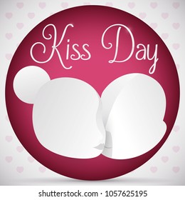 Round button with romantic head dolls in kissing pose over a heart shape pattern ready to celebrate Kiss Day.