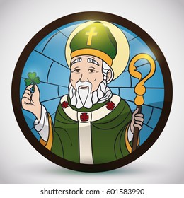 Round button with Saint Patrick image holding a clever for Irish celebration of the patron saint of Ireland.