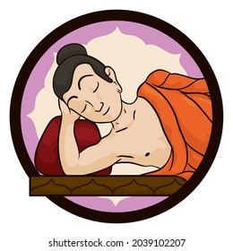 Round button with the scene of Buddha lying down with lotus flower in the background.