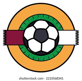 Round button with serrated labels as Qatar flag, soccer ball scoring a goal over a net over green circle.