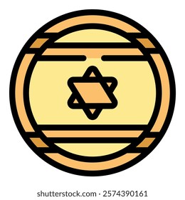 Round button showing the flag of israel, with a white background and two blue stripes framing a gold star of david