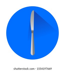Round button with silver dinner knife illustration. Tableware tool cutting, slicing and spreading meal. Utensil in circle. Flatware equipment for banner or website interface. Kitchenware vector