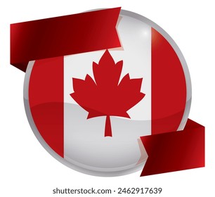 Round button with silver frame and Canada flag inside and red ribbons. Template with gradient effect.