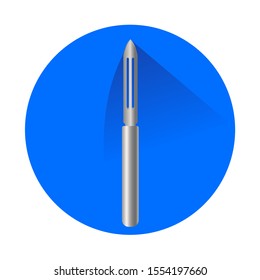 Rundknopf mit Silberschälmesser-Illustration. Küchenwerkzeug zum Schälen von Obst und Gemüse. Utensil im Kreis. Küchenausrüstung für Banner oder Website-Schnittstelle. Kochnische Vektorillustration