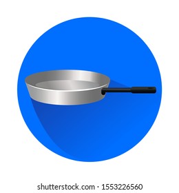 Round button with silver skillet illustration. Fry pan for cooking, burning or frying meal. Houseware device in circle. Kitchen equipment for banner or website interface. Cookware vector