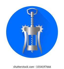 Round Button With Silver Winged Corkscrew Illustration. Kitchen Tool For Drawing Corks, Opening Bottles. Beverage Tool In Circle. Kitchen Equipment For Banner Or Website Interface. Kitchenware Vector