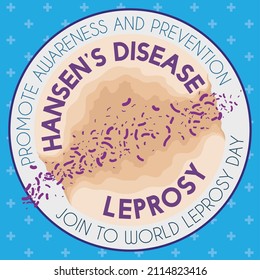 Round button with skin affected by Hansen's Disease, promoting awareness and prevention during World Leprosy Day.