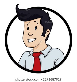 Round button with smiling business man with black hair and topknot, wearing white shirt and red tie. Portrait in cartoon style and white background.