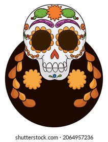 Round button with smiling female skull decorated with petals like braids, marigold flowers for traditional Mexican Day of the Dead celebration.