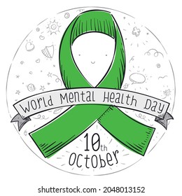 Round button with smiling green ribbon and many doodle drawings inside of it, representing precepts and good mental issued during World Mental Health Day celebration in October 10.