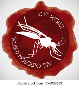 Round button soaked in blood with mosquito silhouette inside of it to celebrate World Mosquito Day.