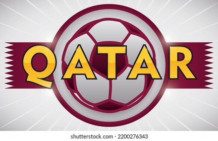 Round button with soccer ball, decorated with maroon and serrated bands in each side and decorated with golden Qatar sign.