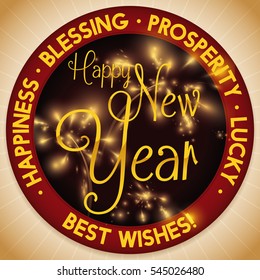 Round button with some New Year greetings and wishes around it and festive fireworks. 