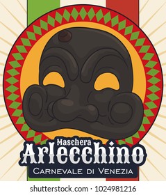 Round button with traditional Arlecchino mask over Italy's flag to celebrate in the Venice Carnival (written in Italian).
