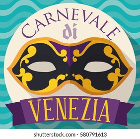 Round button with traditional colombina mask design for Carnevale di Venezia (translate to English: Venice Carnival) decorated with a purple ribbon in flat style and long shadow effect.