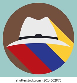 Round button with a traditional paisa hat of Aguadas with long shadow like Colombian flag in flat style.