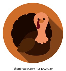 Round button with turkey in flat style and long shadow, isolated over white background.