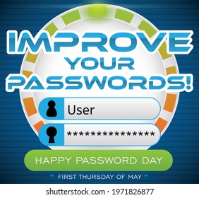 Round button with user and login dialog boxes and spotted progress bar in green color, reminding at you to improve cyber security and to celebrate a happy Password Day in May.