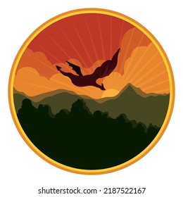Round button with video game scene: dragon silhouette flying across a forest and mountain view.