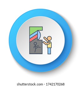 Round button for web icon. Child gamer, retro console, arcade. Button banner round, badge interface for application illustration