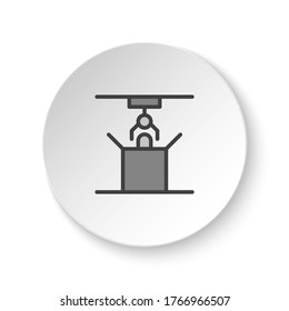 Round button for web icon, industrial arm, loading robot. Button banner round, badge interface for application illustration